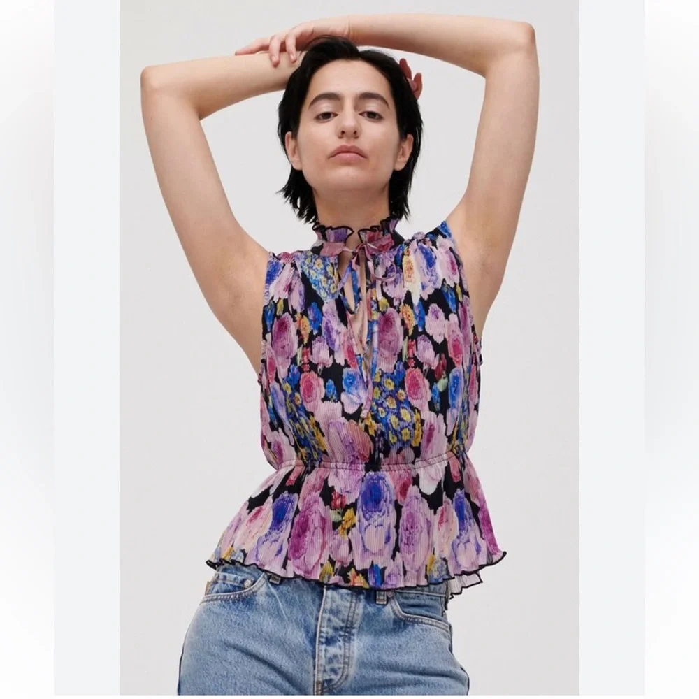 Ganni Floral Sleeveless Ruffled Neck Top in Black, Pink, Purple - Picture 9 of 12